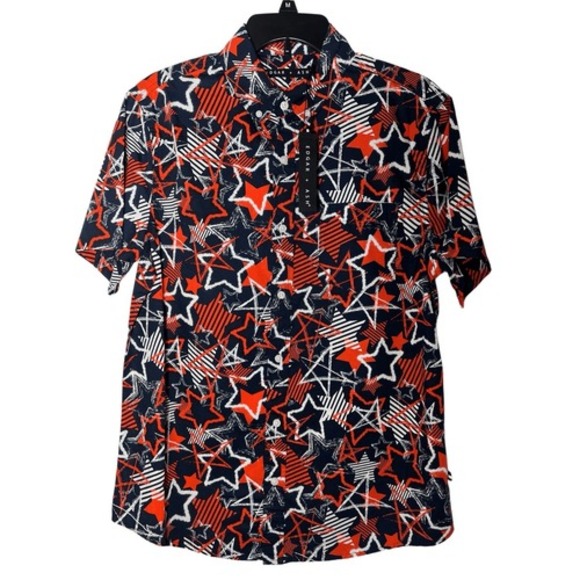 Edgar + Ash Patriotic Stars Button Up Shirt Mens M Navy Orange Cotton NWT - Picture 2 of 9